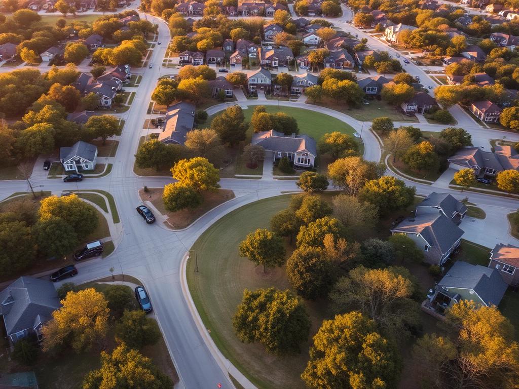 Aerial view of a tree-lined Allen, Texas neighborhood and community park at golden hour