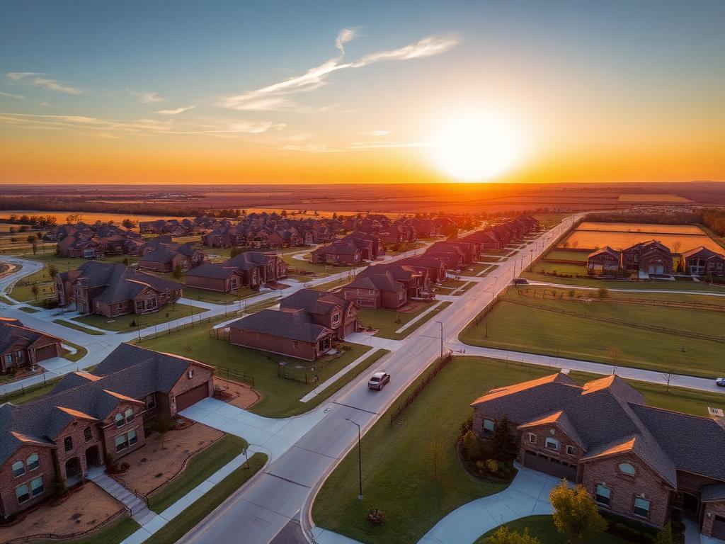 Aerial view of a new master-planned neighborhood in Aubrey, Texas at golden hour