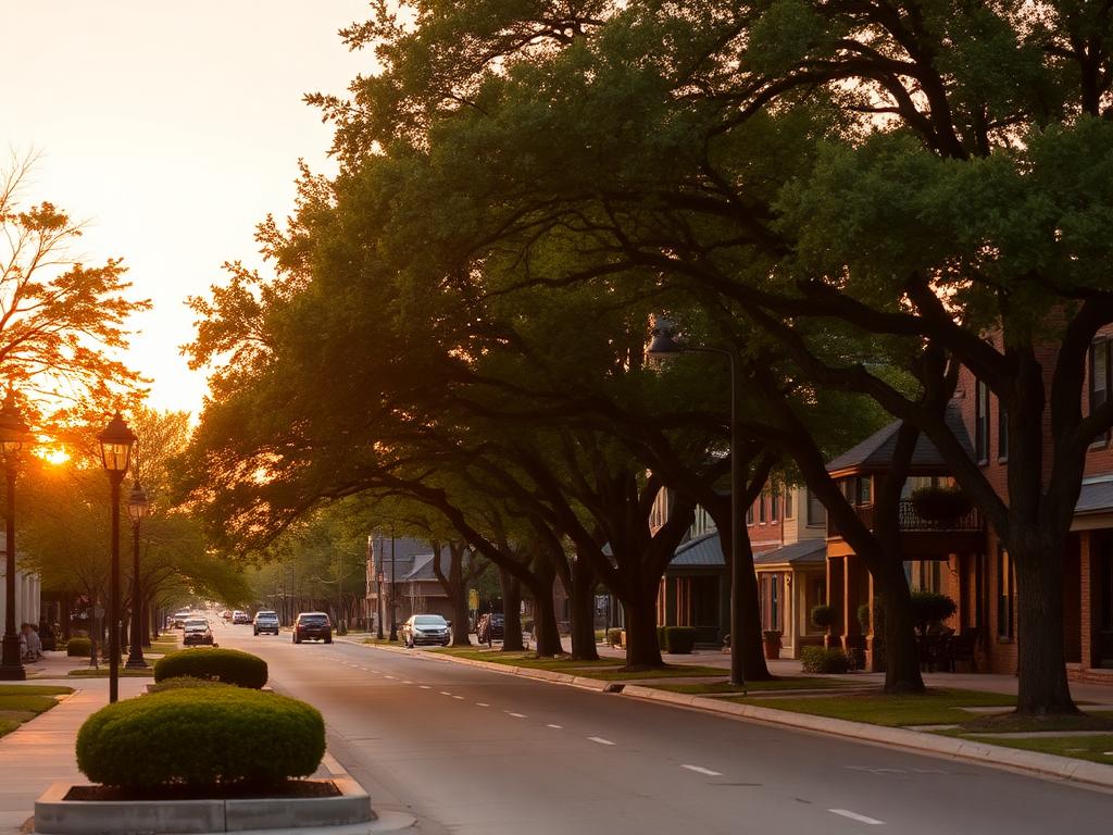 Established tree-lined street near historic downtown Carrollton, Texas at sunset