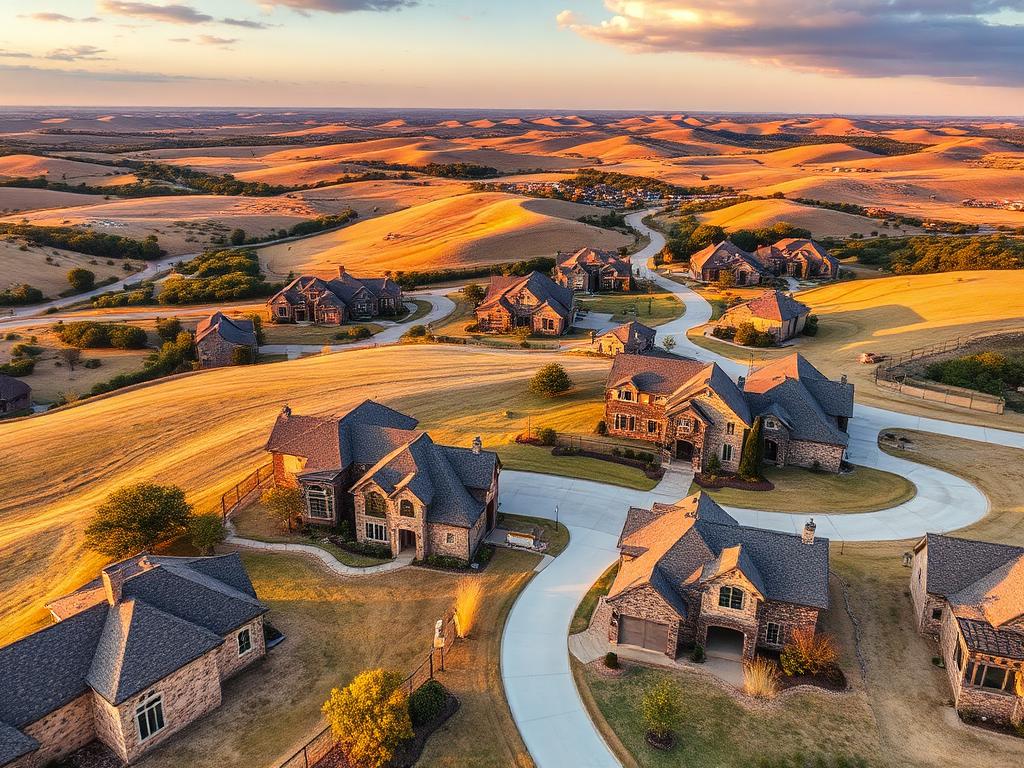Aerial view of a Celina, Texas new-construction luxury community at sunset