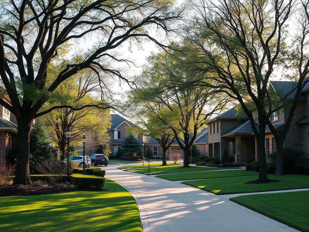 Quiet residential street lined with mature trees in Coppell, Texas