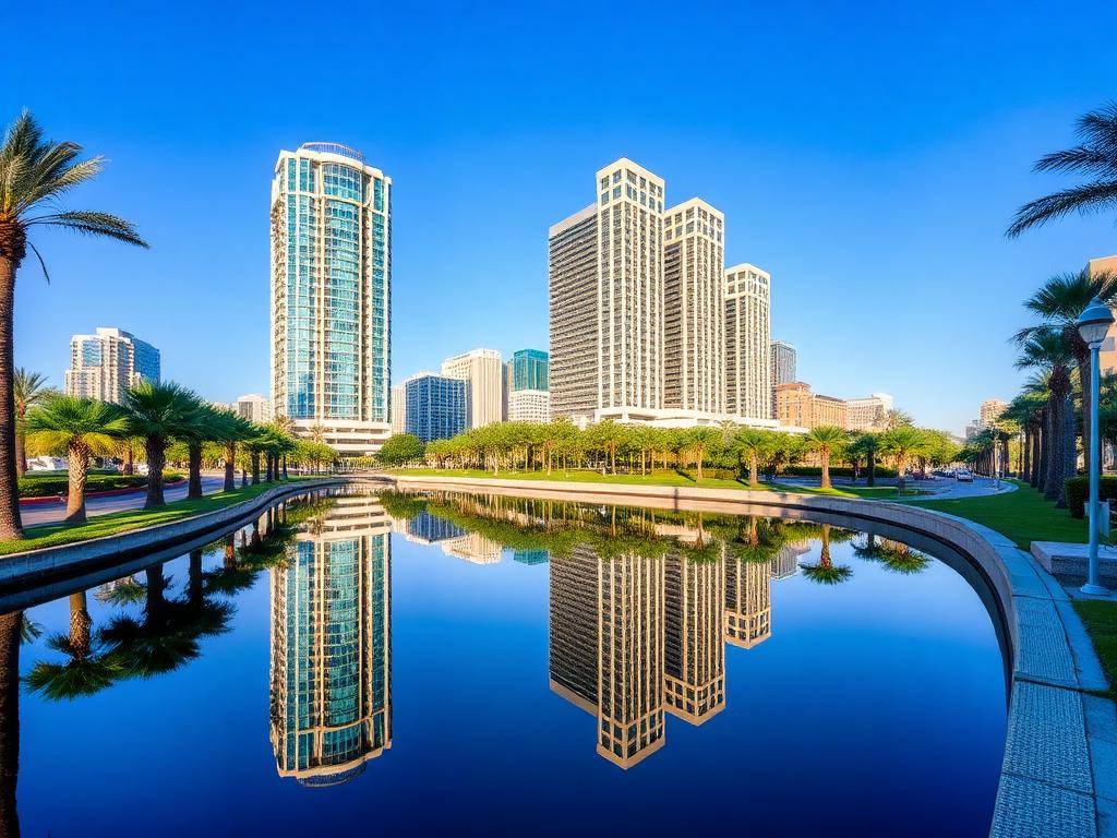 Las Colinas high-rises reflected in a canal in Irving, Texas