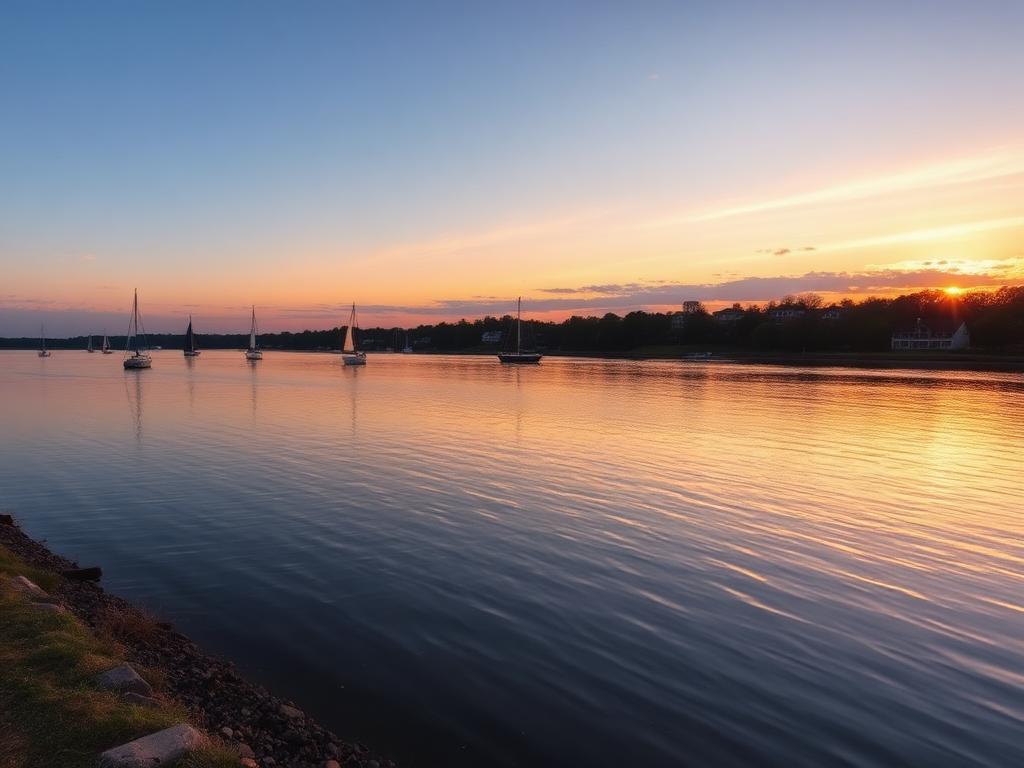 Lewisville Lake shoreline at sunset with sailboats near Lewisville, Texas