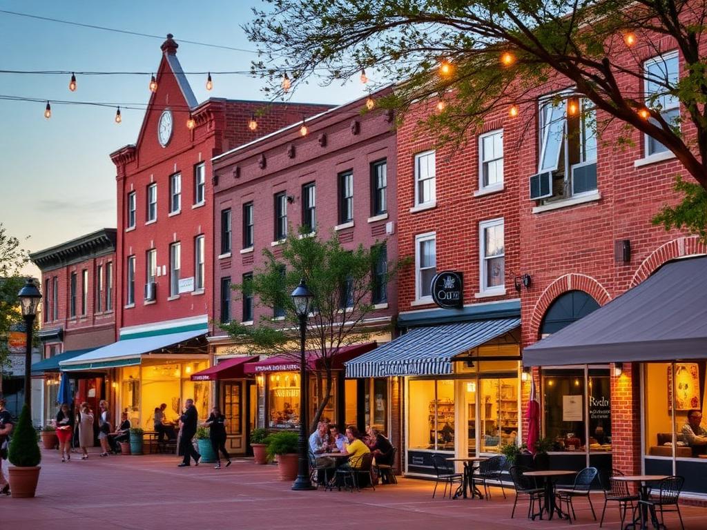 Historic downtown McKinney, Texas at dusk with string lights