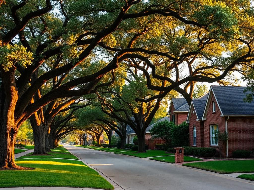 Tree-lined residential street in Plano, Texas at golden hour