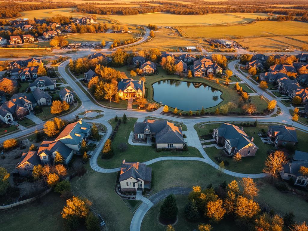Aerial view of a Prosper, Texas master-planned neighborhood at sunset