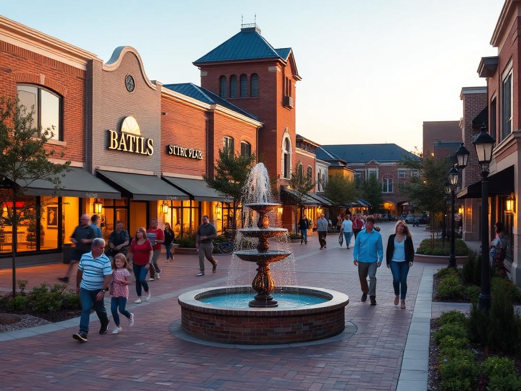 Southlake, Texas Town Square with brick shopping district at evening