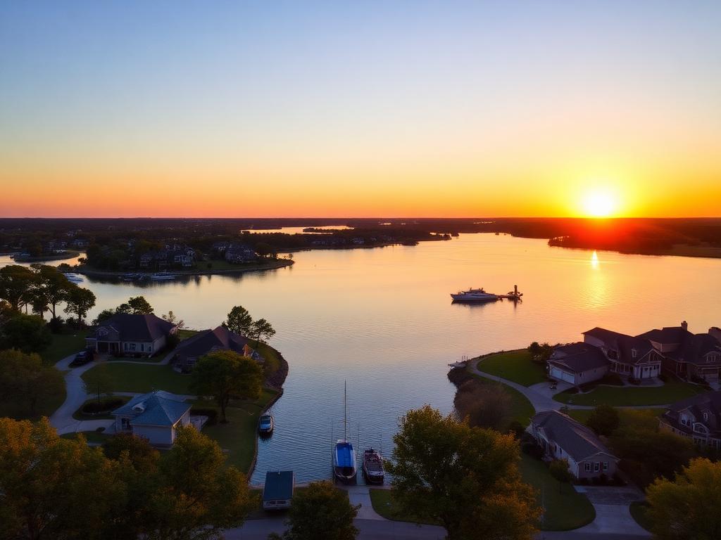 Lewisville Lake shoreline in The Colony, Texas at sunset