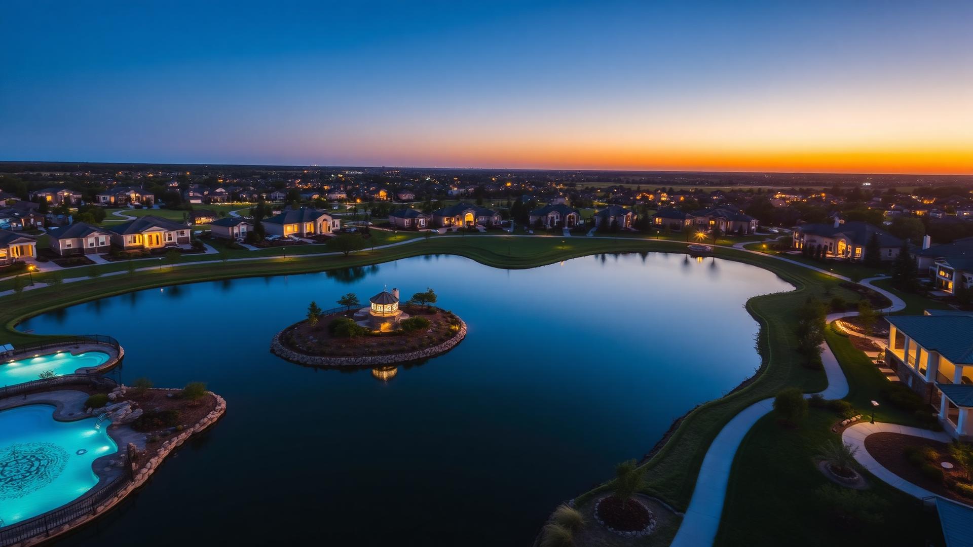 Twilight aerial view of a North Texas lakeside community